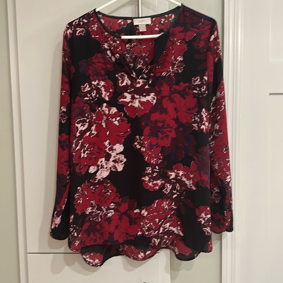 LOFT Red and Black Floral Blouse with Long Sleeves - Picture 1 of 4